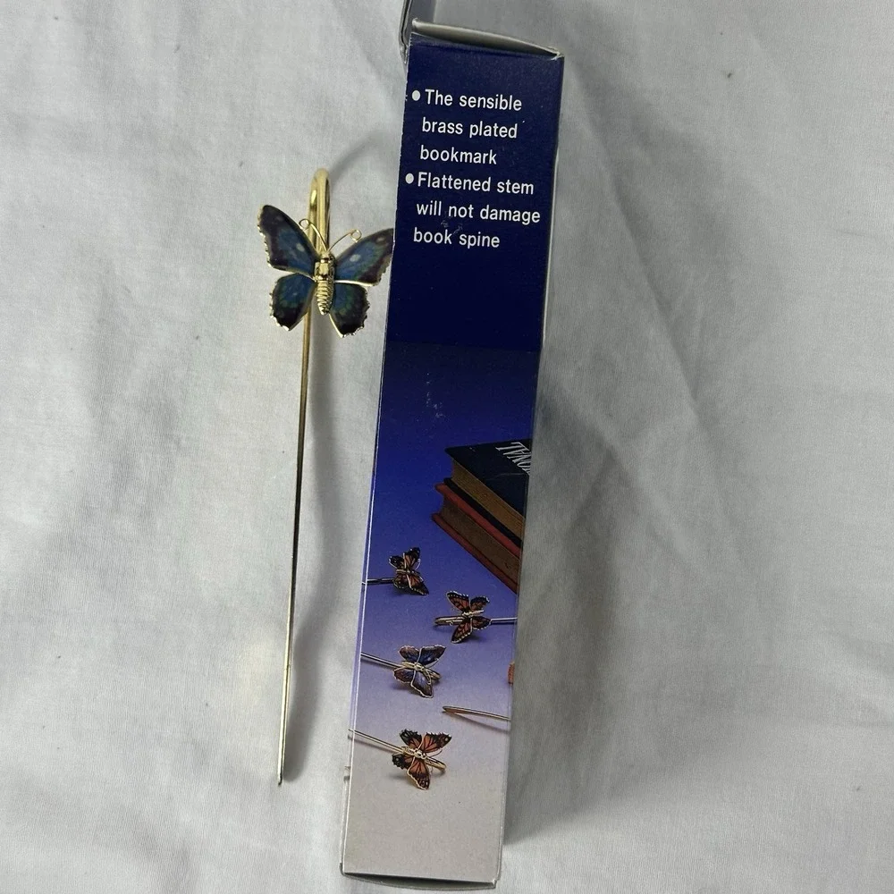 Vintage Solid Brass Butterfly Bookmark Blue Enamel Book Mark w/ Box